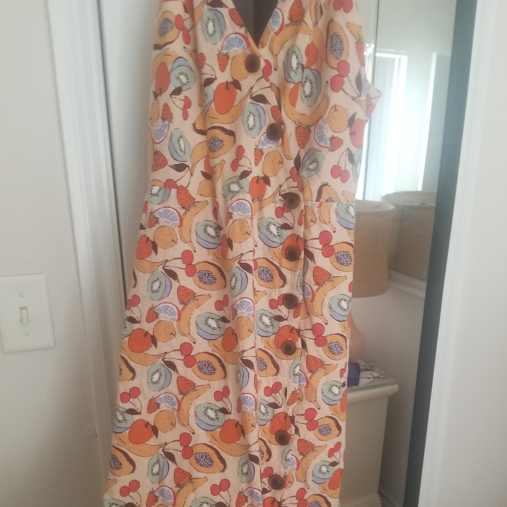 UO linen midi length fruit dress side buttons